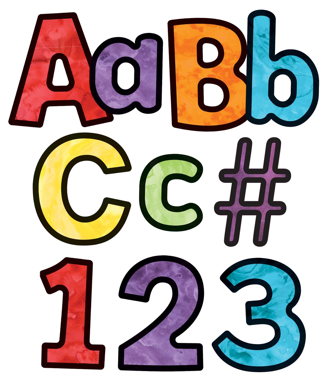 Carson Dellosa 219-Piece Watercolor Cutout Letters, 4" Colorful Upper and Lowercase Alphabet, Numbers, Punctuation, and Symbols for Bulletin Board, Posterboard, Party, and Classroom Decor